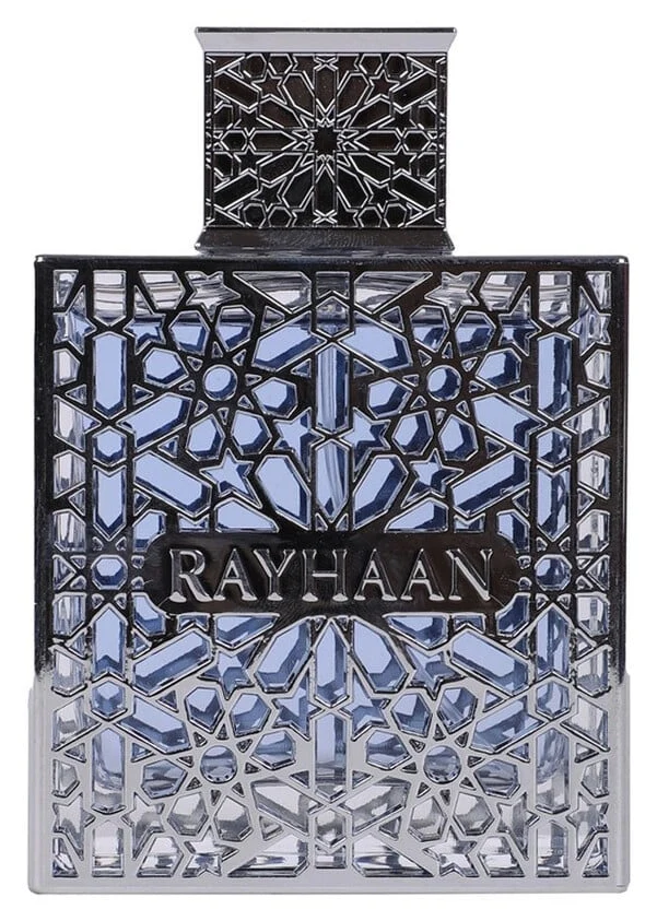 Frasco de Rayhaan Aquatica Eau de Parfum 100 ml con su celosía plateada