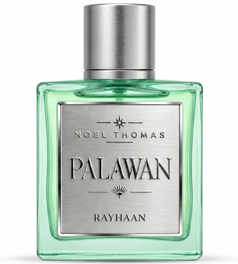 Frasco de Rayhaan Palawan de cristal verde agua con la placa metálica de Noel Thomas