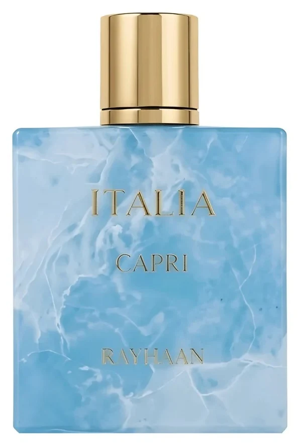 Frasco de Rayhaan Italia Capri de cristal azul claro con efecto de mármol y tapón dorado