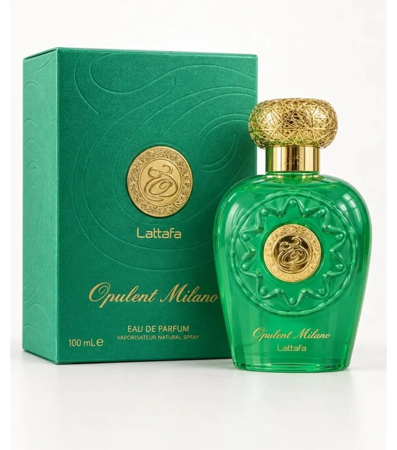 Frasco verde y estuche de Lattafa Opulent Milano Eau de Parfum 100 ml