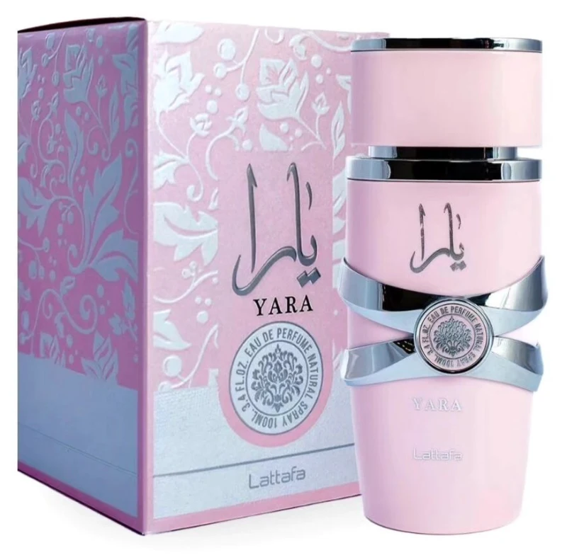 Frasco rosa y estuche de Lattafa Yara Eau de Parfum 100 ml