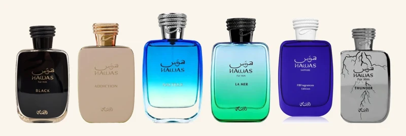 Frascos de Rasasi Hawas Black, Addiction, Nautilus, La Mer, Sapphire y Thunder