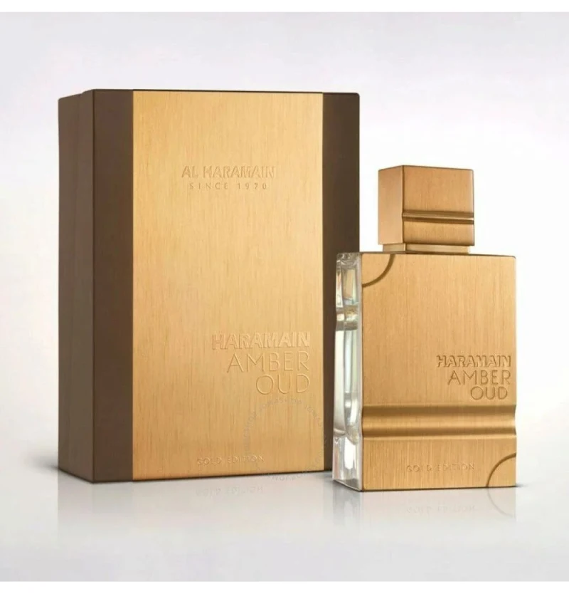 Frasco dorado y estuche de Al Haramain Amber Oud Gold Edition Eau de Parfum