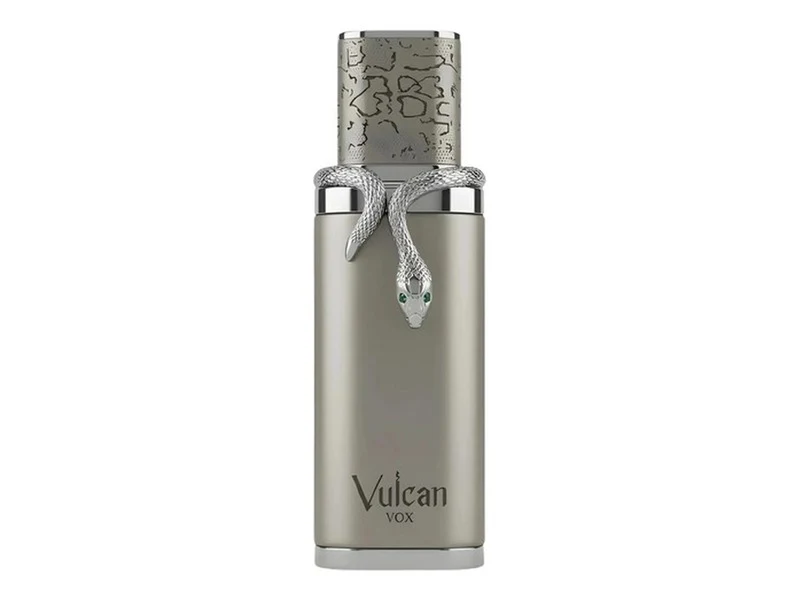 Frasco gris de French Avenue Vulcan Vox con la serpiente plateada enroscada al cuello