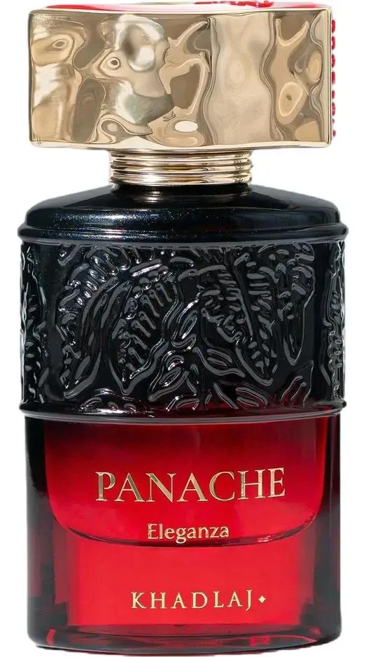 Frasco negro y rojo con tapón dorado martillado de Khadlaj Panache Eleganza