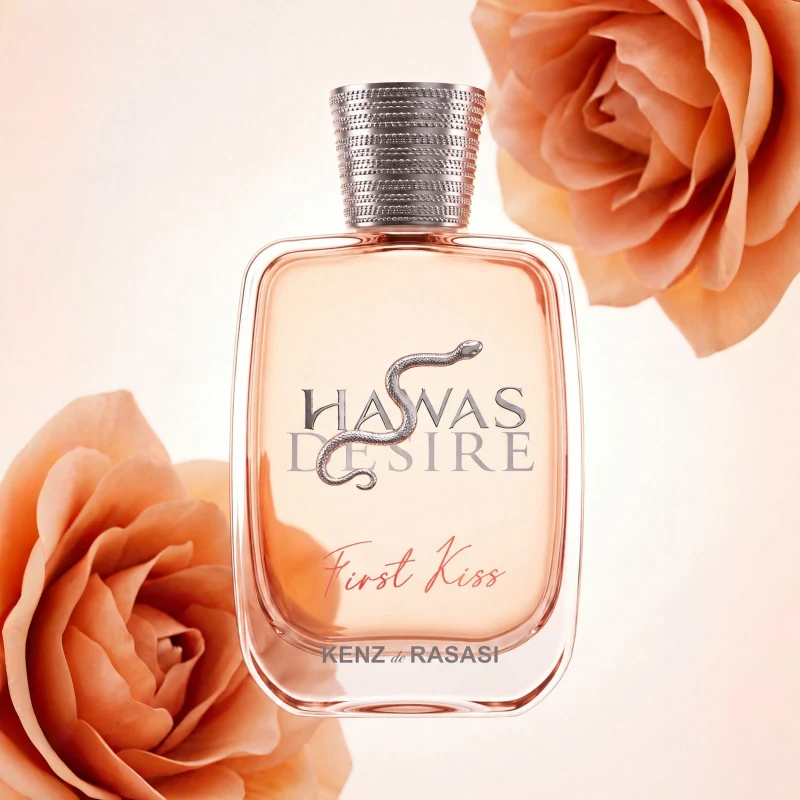 Hawas Desire First Kiss entre rosas, imagen oficial de Kenz de Rasasi