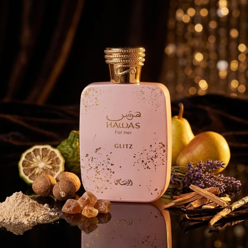 Hawas Glitz con pera, bergamota y frutos secos, imagen oficial de Rasasi Exclusive