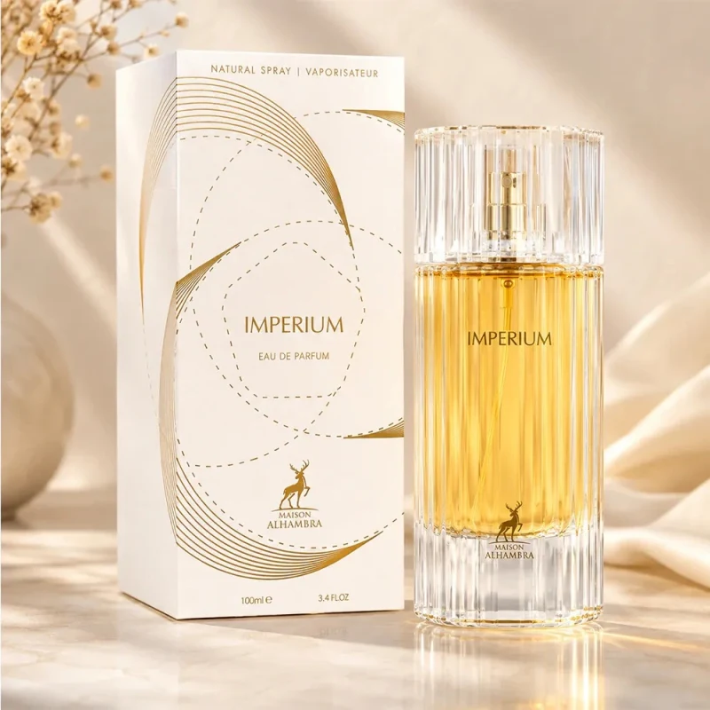 Frasco de cristal estriado y estuche blanco y dorado de Maison Alhambra Imperium Eau de Parfum 100 ml