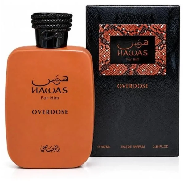Frasco y estuche de Rasasi Hawas Overdose, Eau de Parfum 100 ml