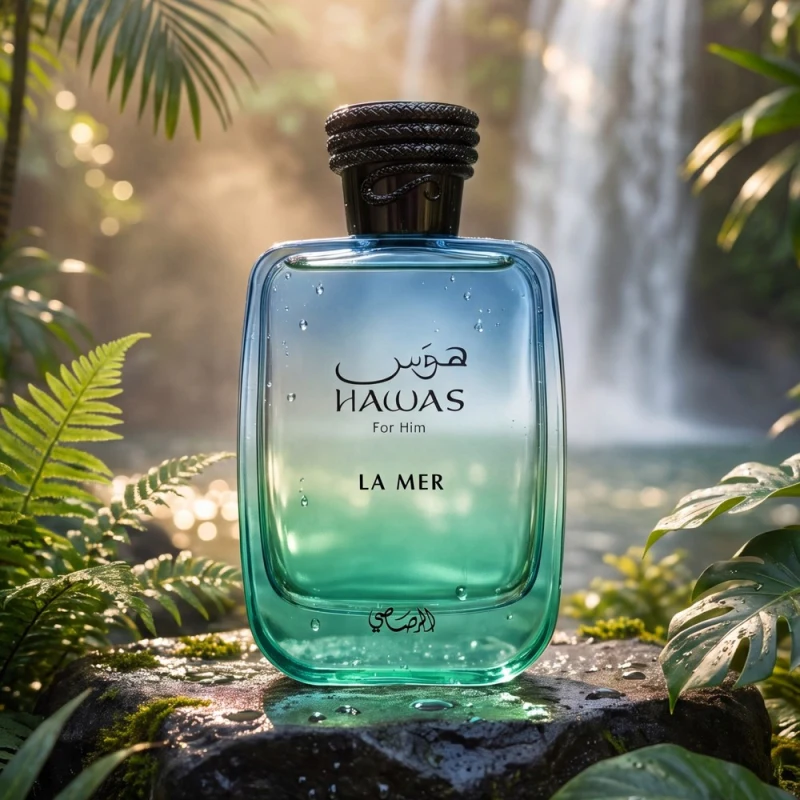 Frasco de Rasasi Hawas La Mer en degradado azul y verde junto a una cascada