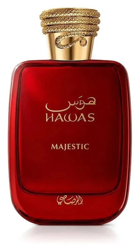Frasco rojo de Rasasi Hawas Majestic con el tapón dorado de serpiente