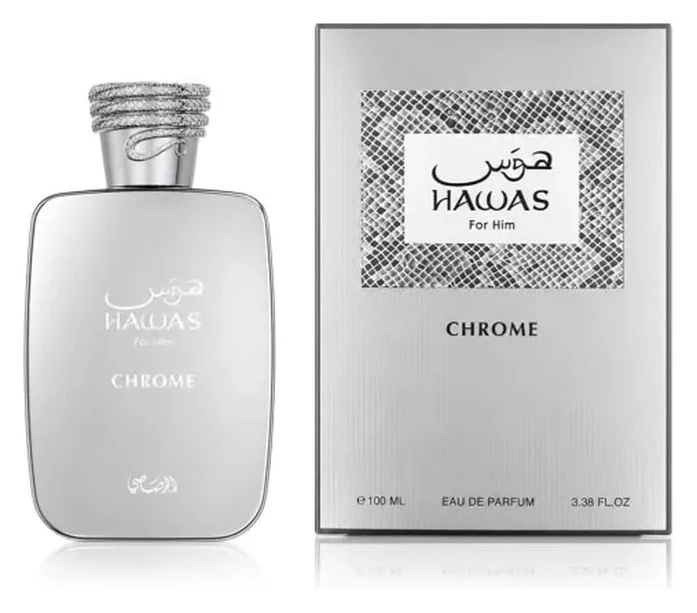 Frasco plateado y estuche de Rasasi Hawas Chrome, Eau de Parfum 100 ml