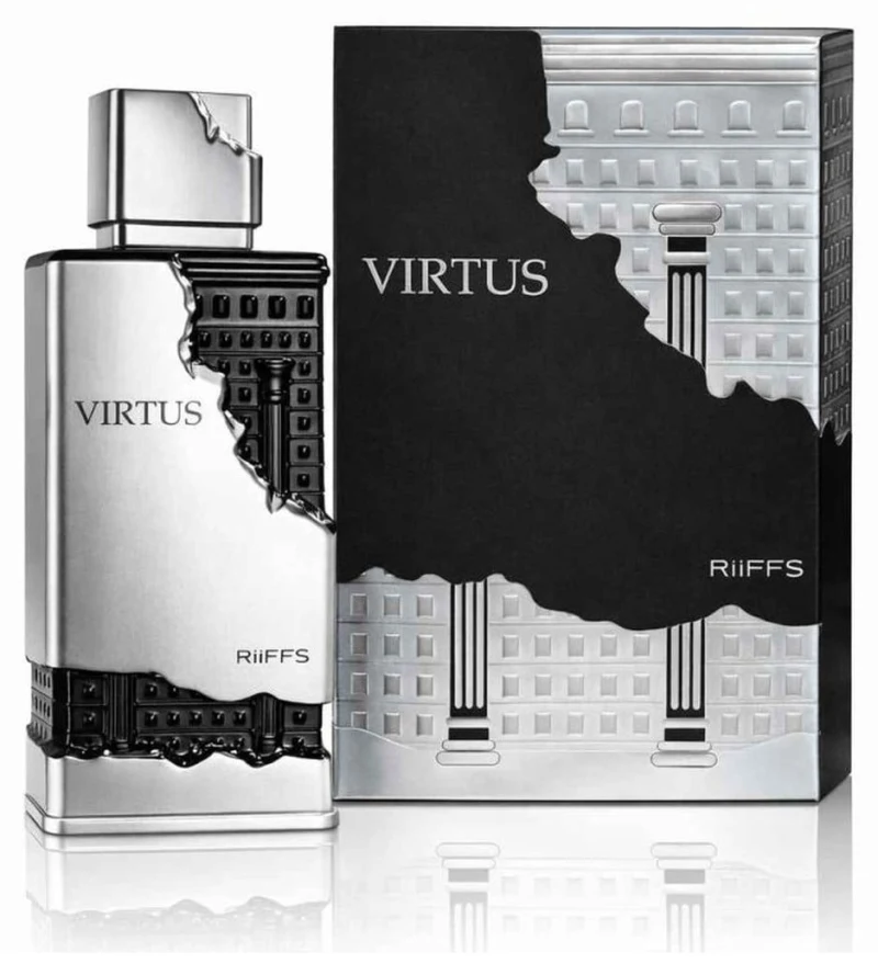Frasco plateado con relieve de fachada clásica y estuche negro y plata de Riiffs Virtus Eau de Parfum 100 ml