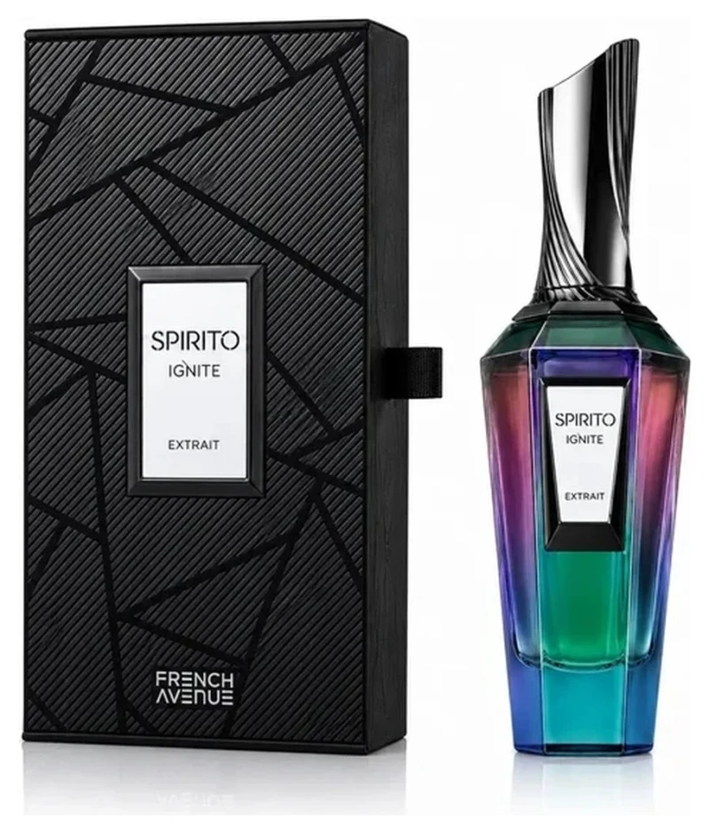 Frasco tornasolado y estuche negro de French Avenue Spirito Ignite, Extrait de Parfum 100 ml