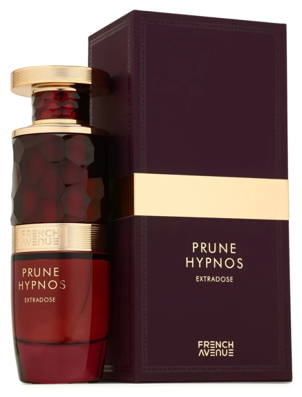 Frasco rojo de French Avenue Prune Hypnos Extradose junto a su estuche