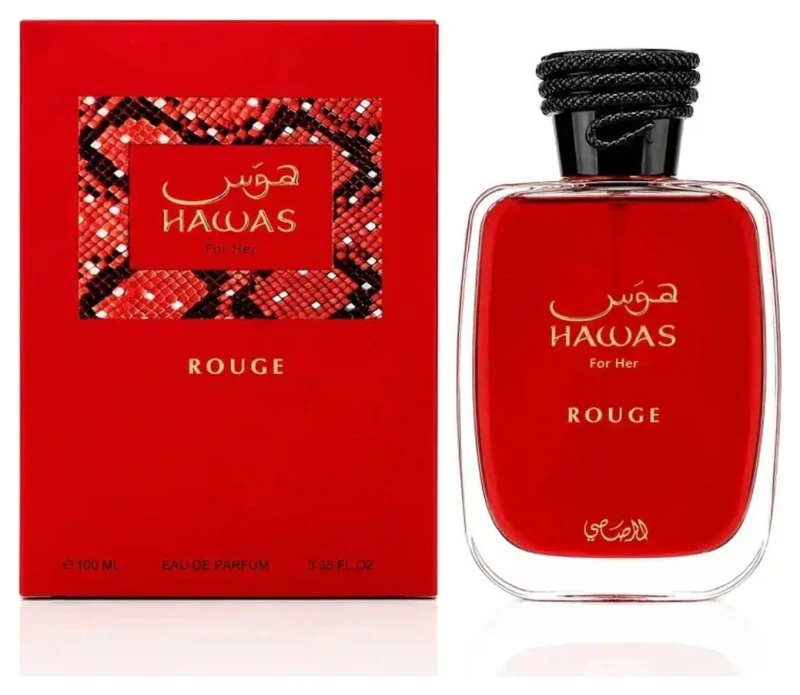 Frasco rojo y estuche de Rasasi Hawas Rouge, Eau de Parfum 100 ml para mujer