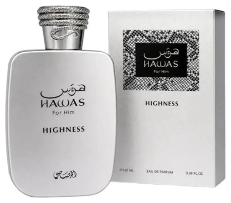 Frasco plateado y estuche de Rasasi Hawas Highness, Eau de Parfum 100 ml