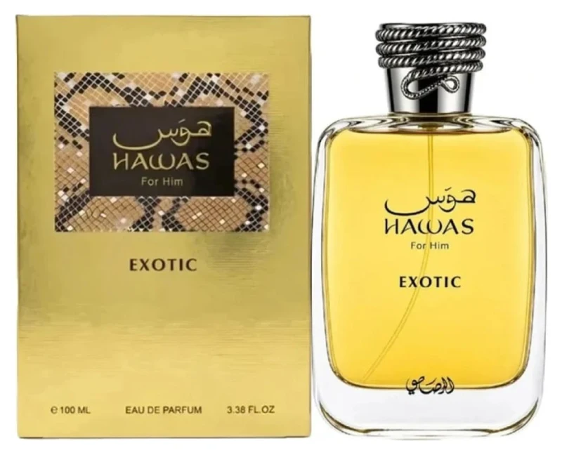 Frasco dorado y estuche de Rasasi Hawas Exotic, Eau de Parfum 100 ml