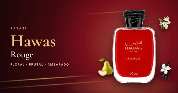 Rasasi Hawas Rouge: el Hawas rojo para ella, de pera, flores blancas y vainilla