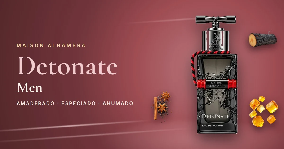 Maison Alhambra Detonate Men: amaderado, especiado y ahumado, en un frasco que parece un detonador
