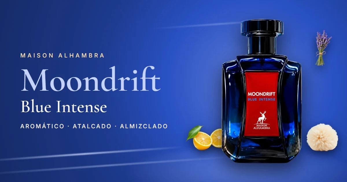 Maison Alhambra Moondrift Blue Intense: lavanda, iris y gamuza en un masculino fresco y atalcado