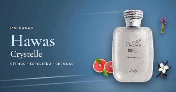 I'm Rasasi Hawas Crystelle: oriental especiado y unisex, en un frasco de cristal craquelado